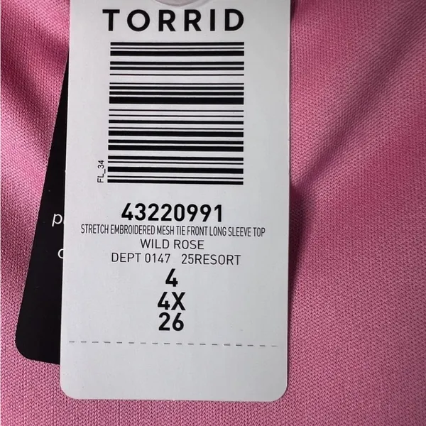 Torrid Size 4(4X)(26) Pink Long Sleeve Top Embroidered Stretch Mesh Tie Front - Image 13