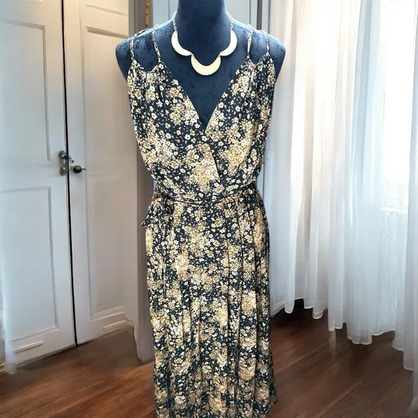 Rebecca B. Floral Maxi Dress‎ Women's Size 10 Black Tan Boho Sleeveless Wrap - Image 2