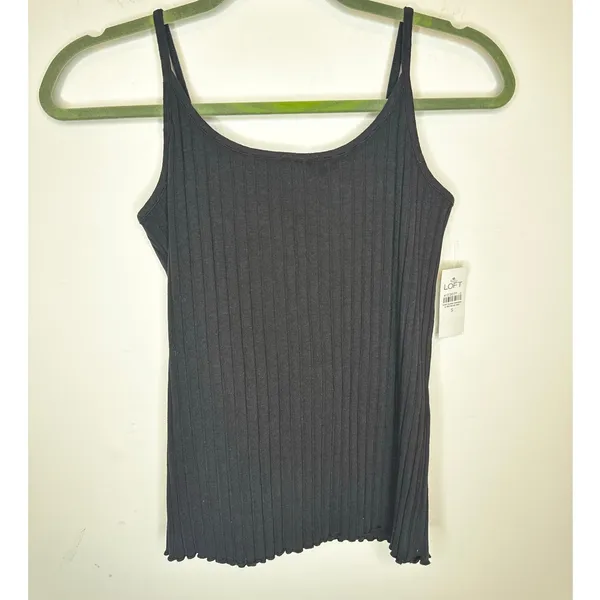 NWT LOFT Black Ribbed Lettuce Hem Cami Spaghetti Strap Tank Top Women Size S - Image 2