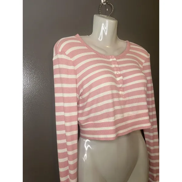 OFFLINE By Aerie Shirt Womens Medium Pink Stripe Henley Cropped Long Sleeve - Image 4