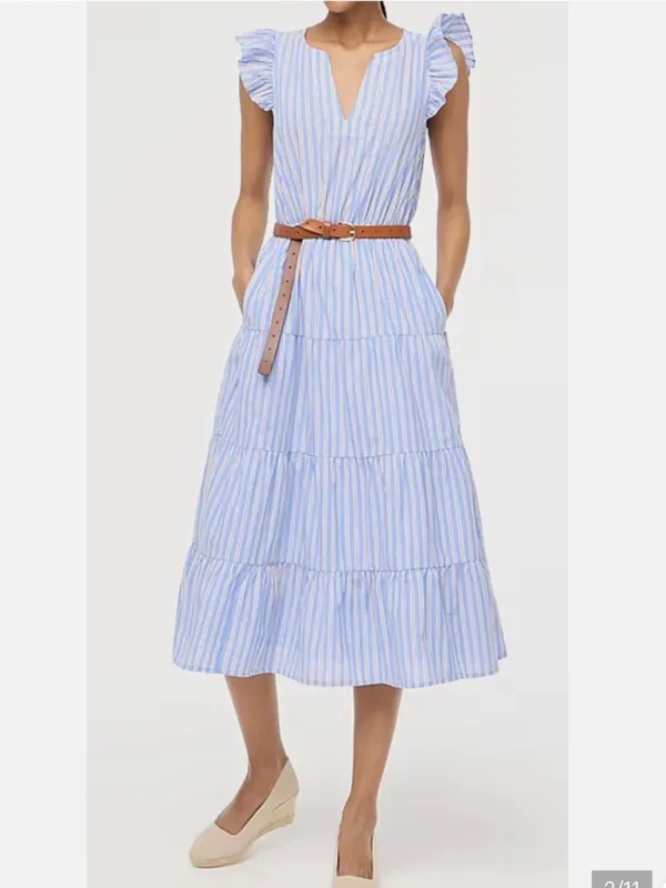 J. Crew V-Neck Cotton Ruffle Cap Sleeve Tiered Striped Midi Dress - Image 2