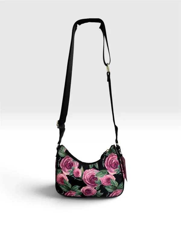 Juicy Couture Black Pink Rose Floral Print Mini Shoulder Bag Gold Chain Strap - Image 4