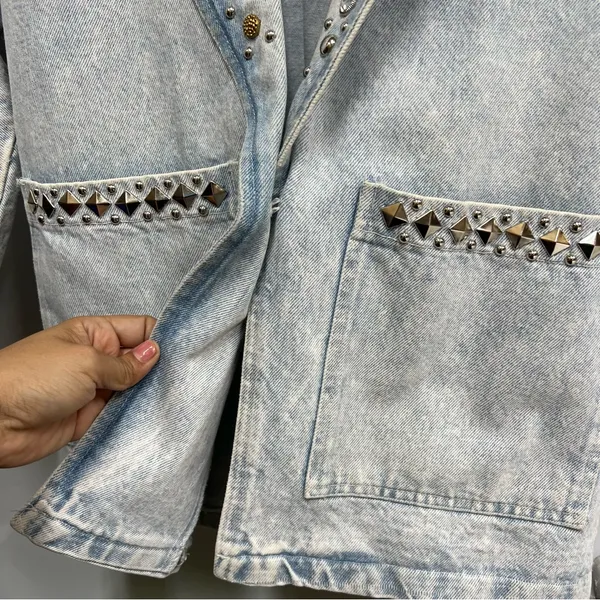 80's Vintage M BLUE Jean Jacket acid washed out studded - Image 7