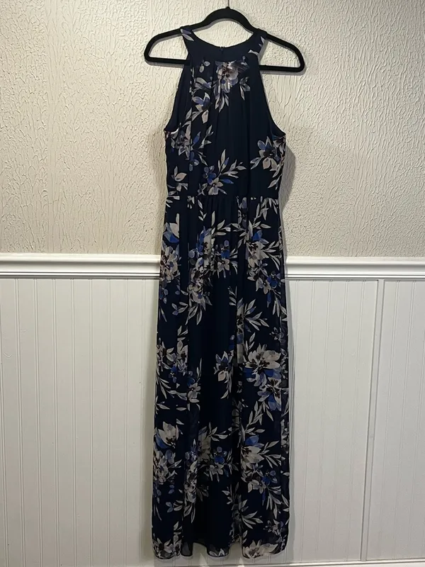 Eliza J Navy Floral Print Chiffon Halter Neck Maxi Dress size 12 NO SASH - Image 4
