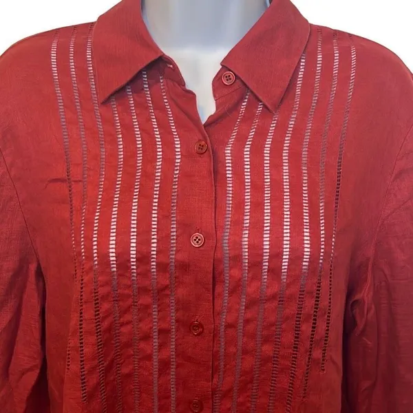 Rena Rowan Vintage Burgundy 100%‎ Linen Ladder Crochet Button Down Blouse Sz 14 - Image 3