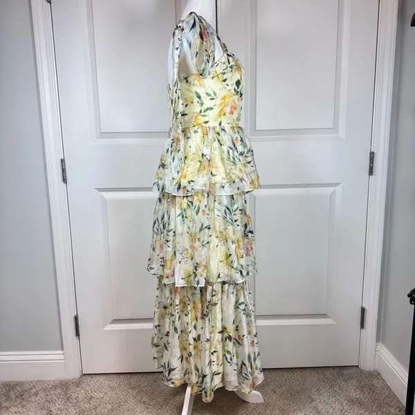 Lulus Yellow Floral Tiered Maxi Dress M Cottagecore Wedding Guest Chiffon NWT - Image 2