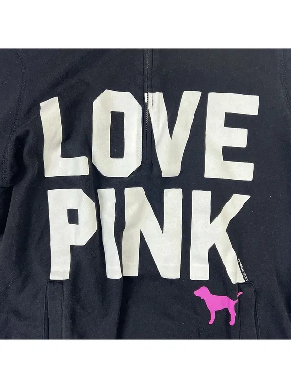 Vtg Y2K Victoria's Secret PINK 'Love Pink' Half Zip Sweatshirt Size L Black - Image 3