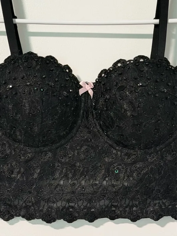 Windsor Black Lace Bustier Bralette w/Pink Bow - Image 2