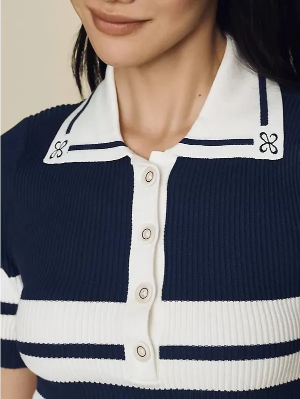 Anthropologie Maeve Collared Mini Sweater Dress Navy White Stripe - Image 3