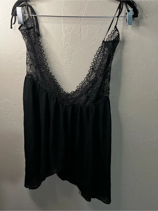 Victoria’s Secret Black Lace Semi Sheer Asymmetrical Whimsy Chemise Slip Top - Image 2