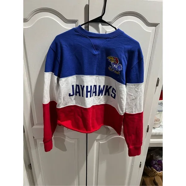 CHAMPION KANSAS JAYHAWKS BLUE BLOCKED LONG SLEEVE CREW SWEATSHIRT cropped Small - Image 5