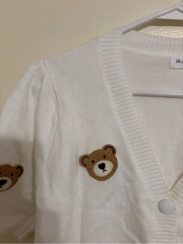 Threaded Leaf Teddy Bear Applique Knit Cardigan White NWT XL - Image 7