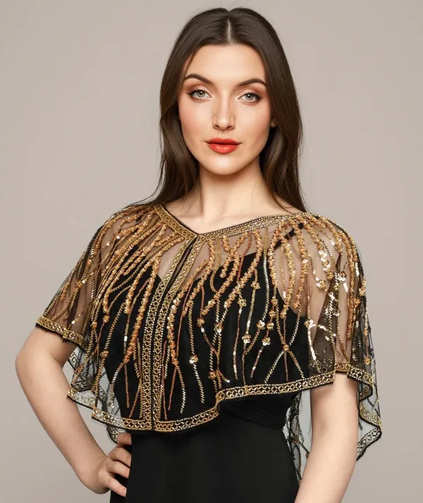 ALDO Stunning black cape with intricate gold beading. Perfect for formal occasions. - Image 3