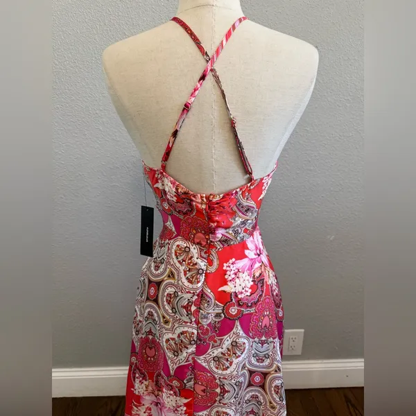 NWT Lulus Whirlwind Red Multi Scarf Print Satin Maxi Dress Size Small‎ - Image 4