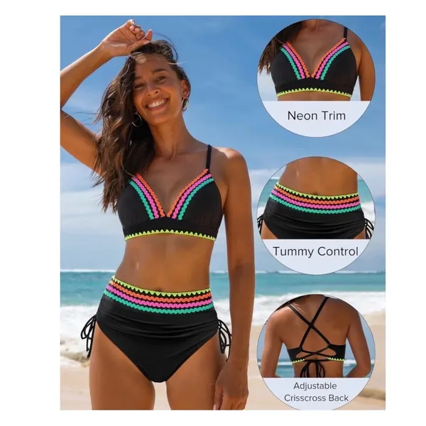 NWT Popvil Black/Neon Scallop Trim High Waisted Tie Side Bikini Set Large - Image 4