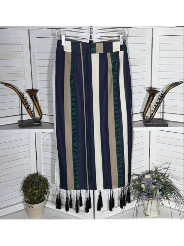 Vintage retro pencil skirt striped 60s mod hippie boho fringes western festival - Image 2