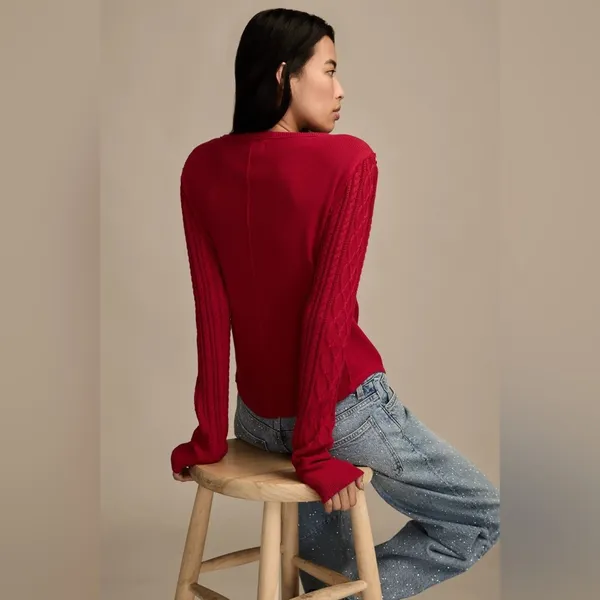 Lucky brand Textured Mixed cable knit Sleeve Henley cotton red M oversized boho​ - Image 13