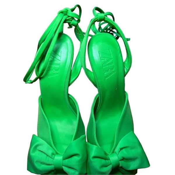 Zara Green Slingback High Heel Shoes With Bow‎ Sz 37 / 6.5 - Image 11