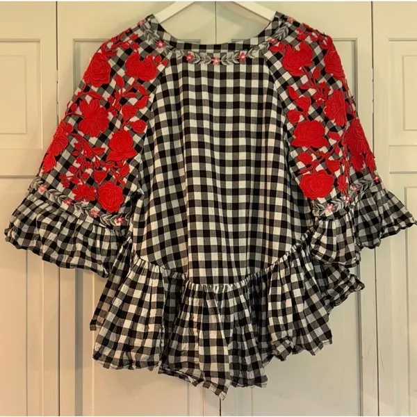 Anthropologie Pankaj & Nidhi checkered gingham embroidered floral swing blouse s - Image 11