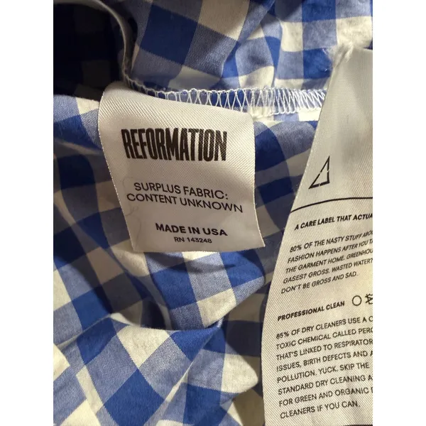 Reformation Blue White Gingham Off The Shoulder Button Down Shirt Womens Small‎ - Image 4