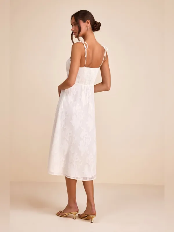 LULU’S Loveliest Looks White Floral Jacquard Tie-Strap Midi Dress - Image 5