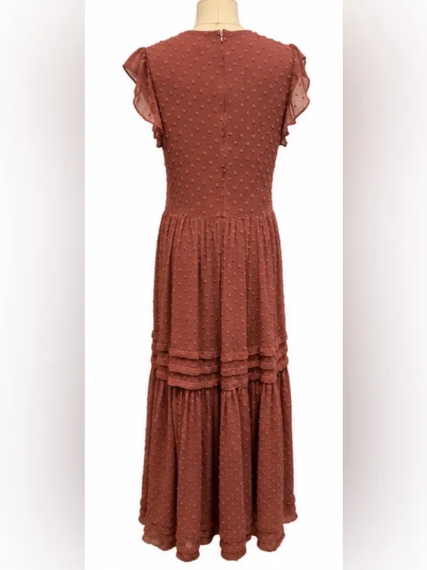 Bohme Swiss Dot Tiered Maxi Dress Rust Mauve Size Medium NWOT - Image 3