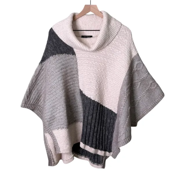 White House Black Market Wool Cowl Neck Patchwork Poncho Sweater Grey Medium - Image 4