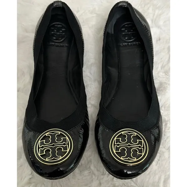 Tory Burch Women’s Size 9 Black Color with Gold Logo Caroline Ballet Flats - Image 2