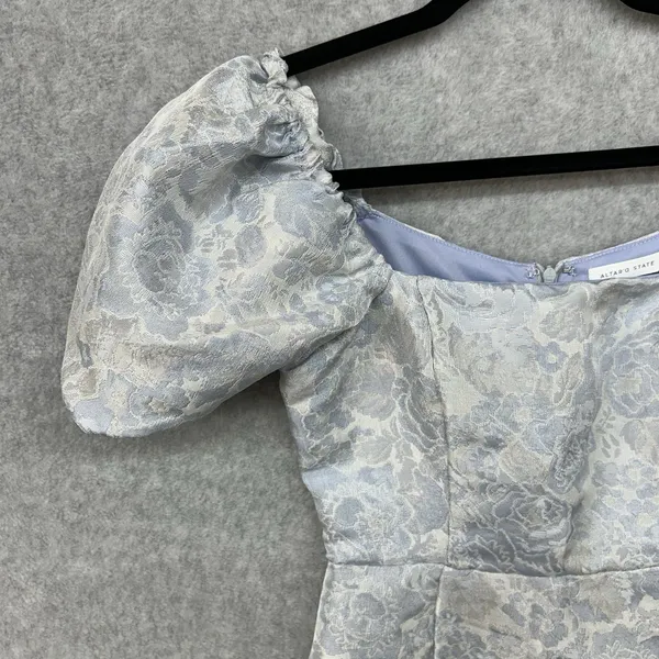 Altar'd State Size XS Blue Ivory Floral Brocade Puff Sleeve Mini Dress - Image 4
