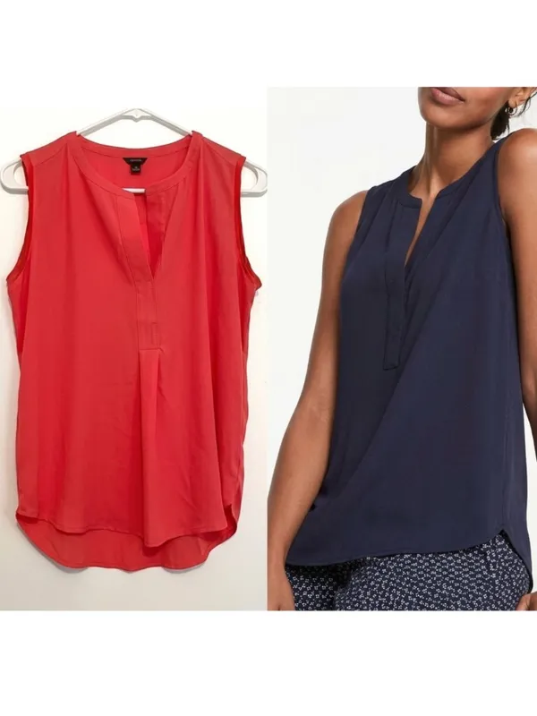 ANN TAYLOR Matte Jersey Shell Coral Split Neck Mixed Media Sleeveless Tank Top S - Image 2