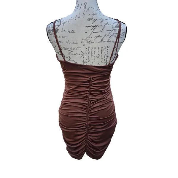 Oh Polly 37Y Chocolate Brown Ruched Bodycon Mini Dress Adjustable Straps US‎ 8 - Image 4
