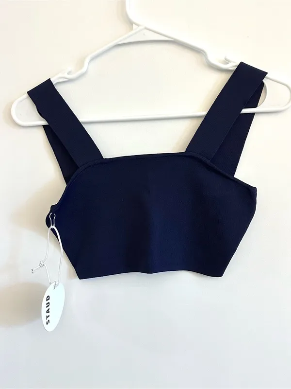 Staud Zola Knit Crop Top Navy Blue & White Embroidered Logo Size Small - Image 3
