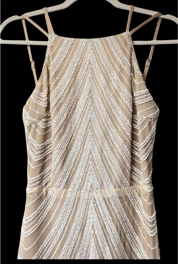 Boutique Tan and White sequined Formal Maxi Dress - Image 3