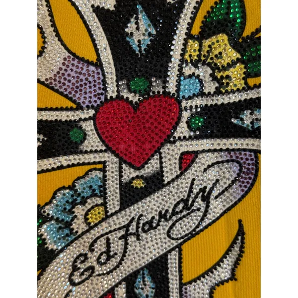 ED HARDY Rare Vintage Y2K Yellow Rhinestone Cross Heart Graphic Zip Up Hoodie XS - Image 7