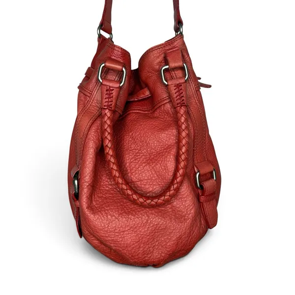 The Sak Red Pebbled Leather Bucket Bag Braided Drawstring Crossbody Handbag Hobo - Image 6
