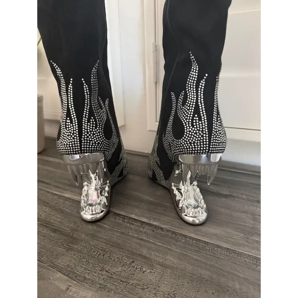 Others Follow Women Size 8 Wedge Heel Flame Rhinestone Point Toe Knee High Boot Fashion Trendy - Image 7