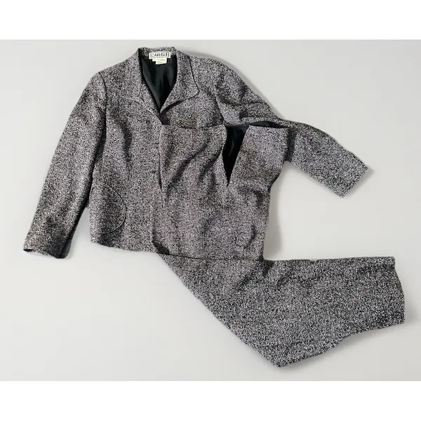 Vintage Carlisle Black White Marled tweed herringbone Pant Suit Wool Blend 12 - Image 14