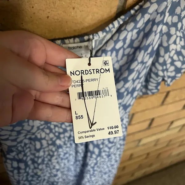 NWT Fraiche by J Floral Dot Puff Sleeve Tiered Midi Dress Blue & White Size L - Image 5