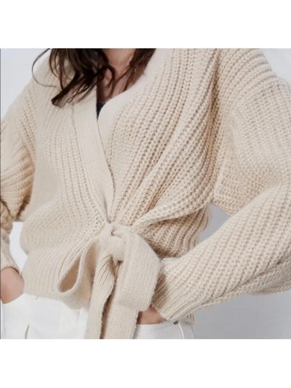 Zara NWT chunky knit sweater Cozy Cream Tie-Waist Sweater - Image 3