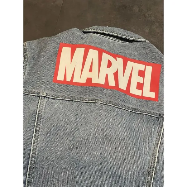 Marvel Jean Jacket Men XS‎ Blue Trucker Comic Big Spell Out D-335 - Image 4