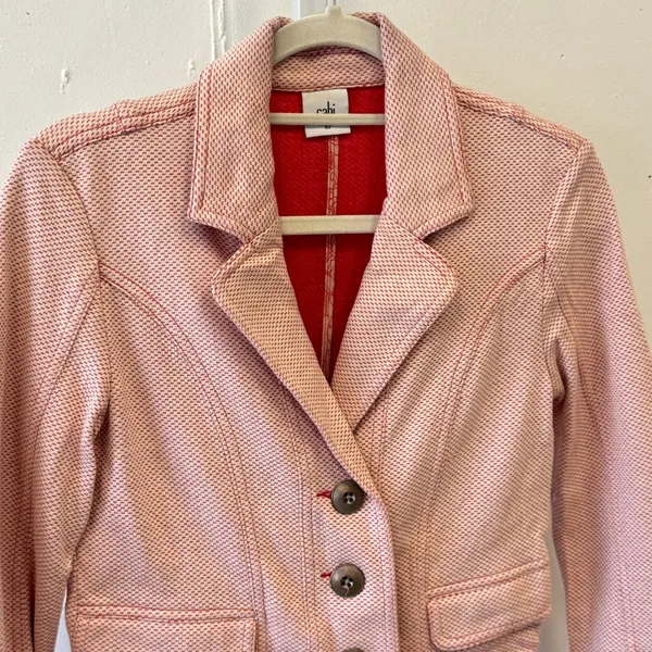 Cabi Red White Textured Knit Crop Jacket Women's‎ XS Notch Lapel Blazer Spring - Image 3