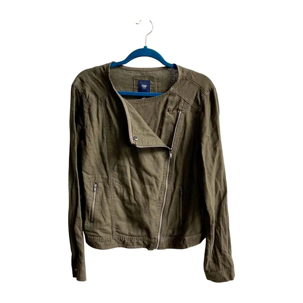 Gap Linen Blend Moto Jacket Womens Large Olive‎ Green Utility Asymmetrical Zip - Image 2