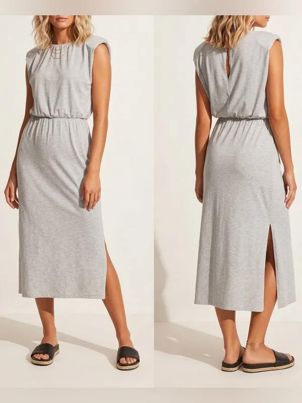 NEW Wayf Gray Sleeveless Shoulder Pad Midi Dress Split side NWT - Image 2