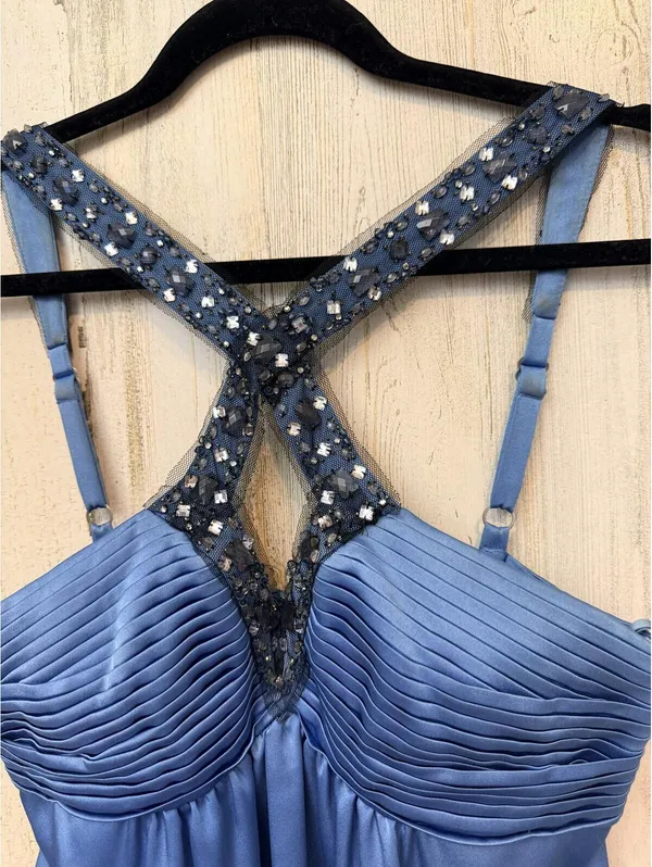 BCBGMAXAZRIA Womens 2 Blue Satin Beaded Cocktail Prom Dress - Image 3