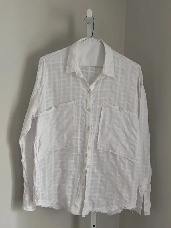 Free People Loveland Women’s White Button-Up Long Sleeve Windowpane Plaid Size L - Image 3