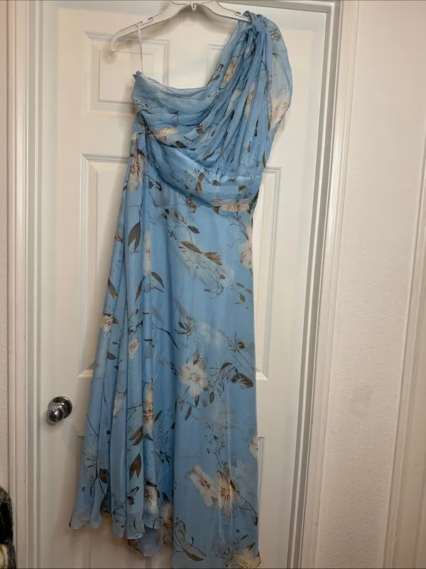 NWOT Fehaute blue floral chiffon one shoulder maxi dress sz 10 - Image 3