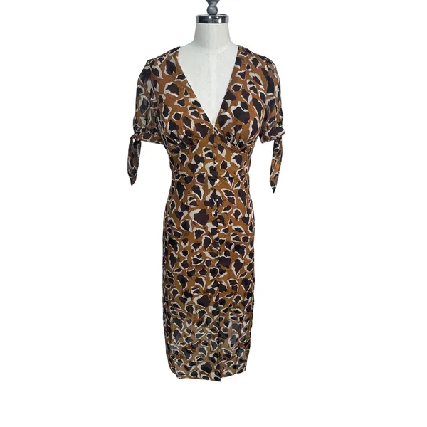 JOA XS‎ Brown Animal Print Midi Dress Women Puff Sleeve Tie Cuff - Image 2