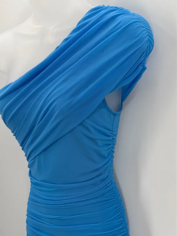 Formal Bodycon Dress Women’s S Blue Ruched Mesh One Shoulder Maxi-LAGSHIAN Brand - Image 3