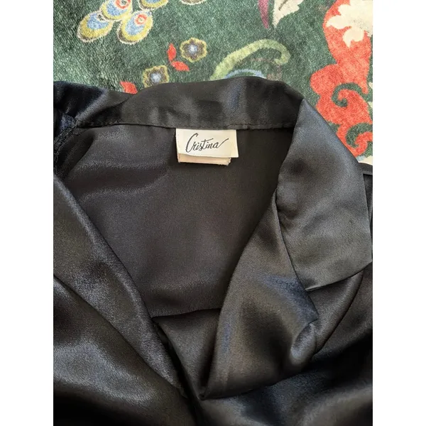 Vintage black satin long-sleeve button-up blouse with a fold-over collar size sm - Image 7