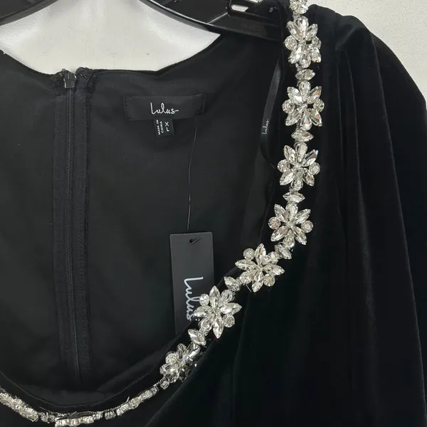 Lulus Ioanna Black Velvet Rhinestone Long Sleeve Mini Dress Party XL FLAW NWT - Image 7